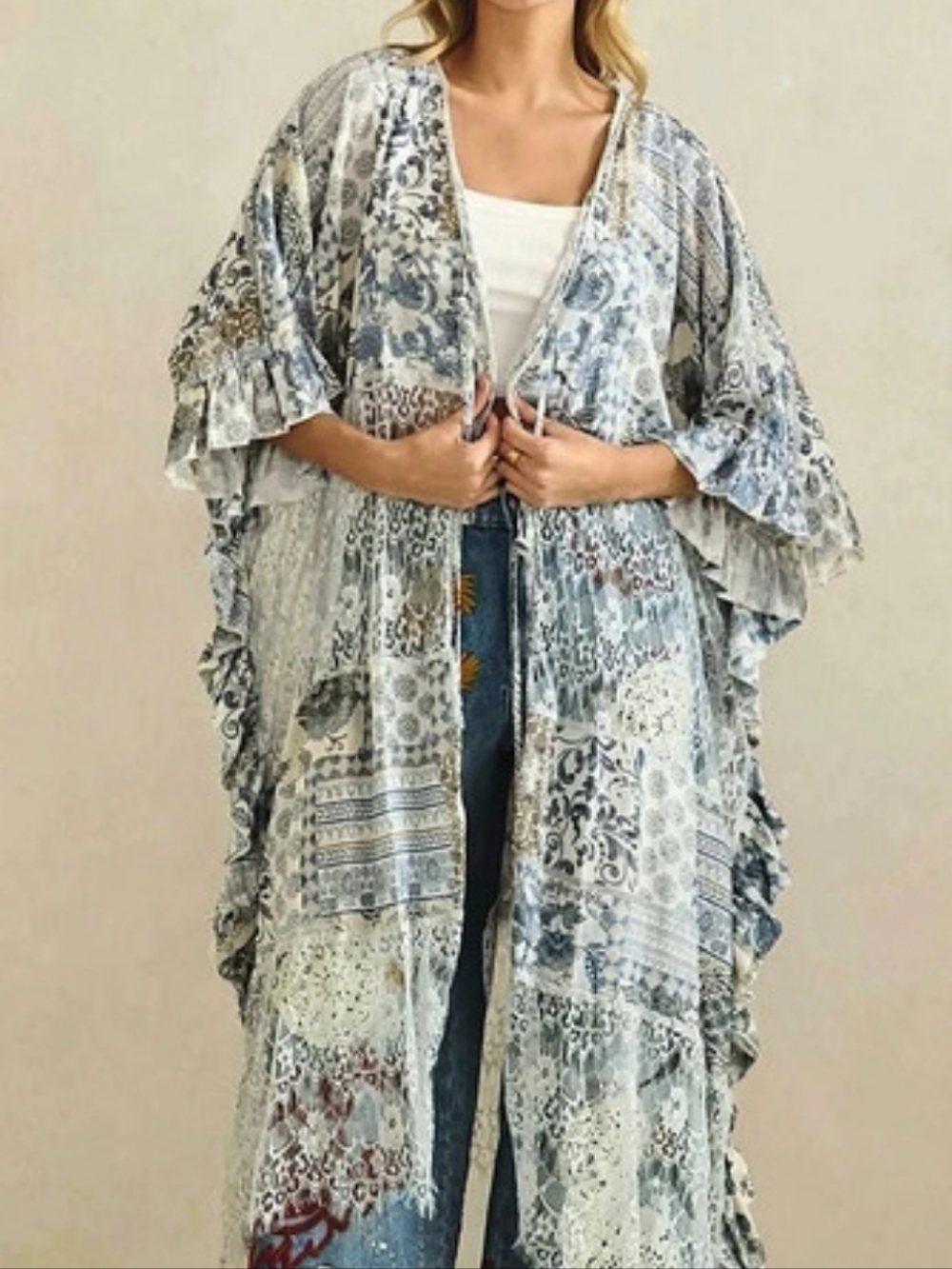 Oli & Hali Washed Print Lace Mix Duster Blue & White
